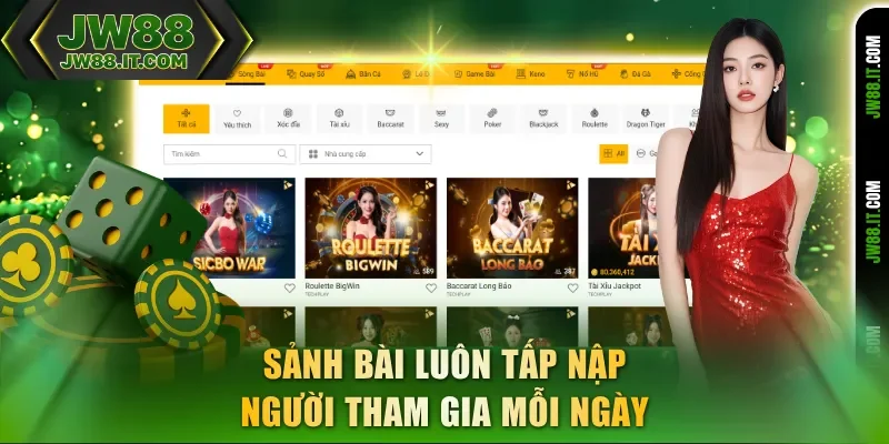 Sảnh bài luôn tấp nập người tham gia casino JW88 mỗi ngày